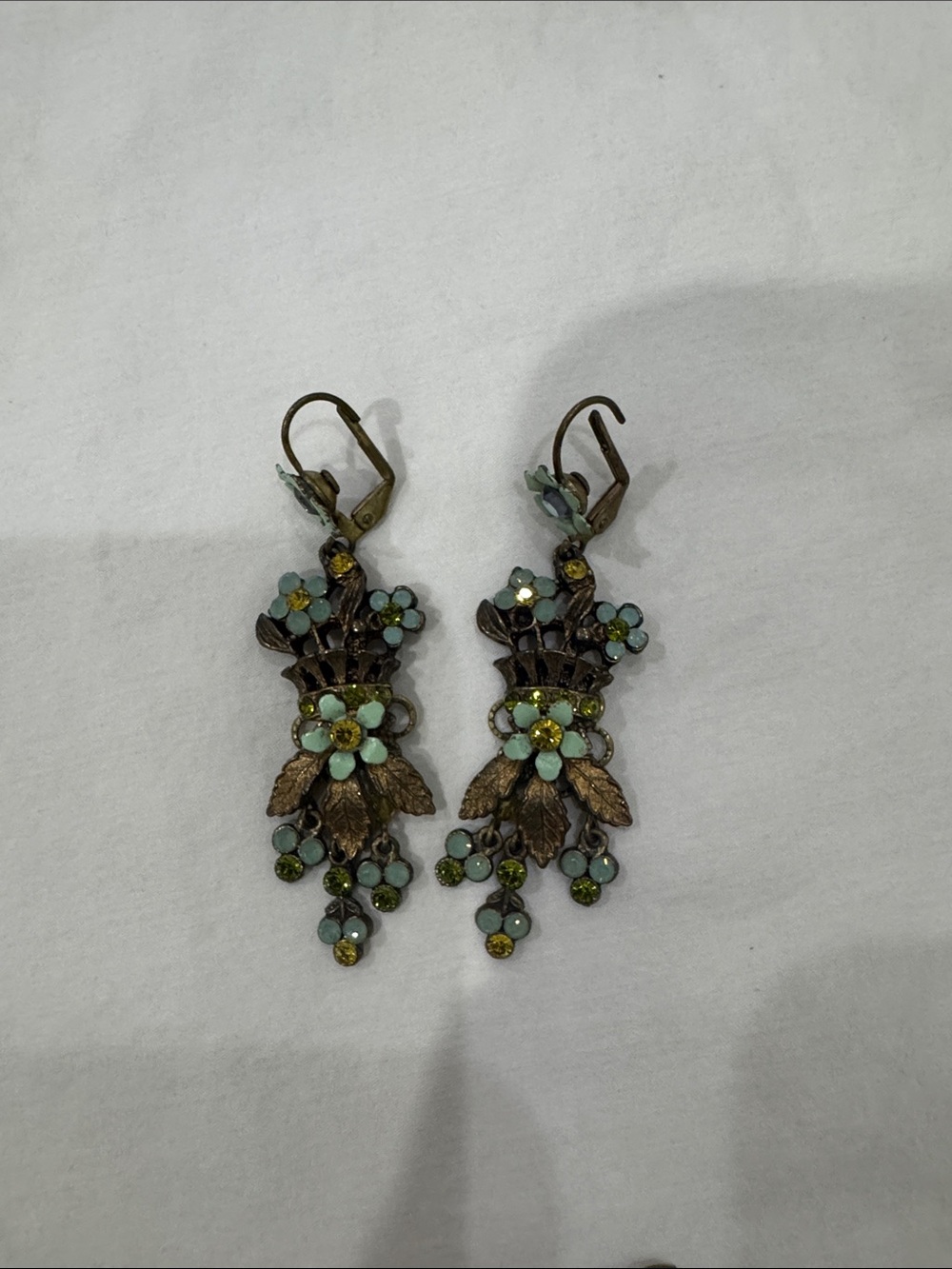 Vintage-Style Michal negrin Aqua and Green Floral Drop Earrings